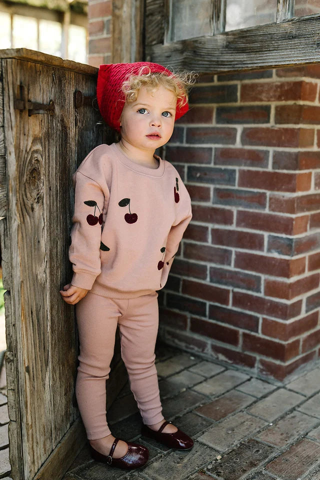 set outfit cherry patch sweatshirt and leggings - bud pink