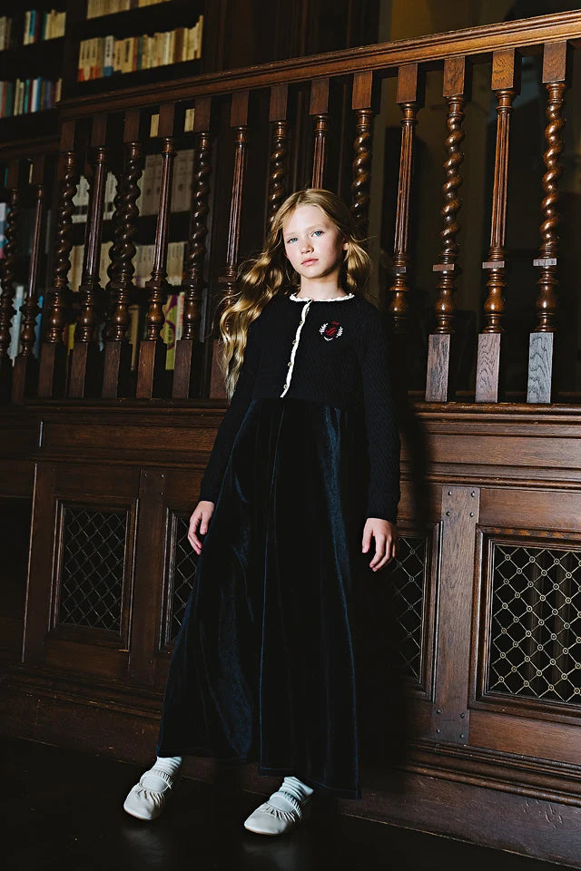 maxi dress velour jumper with crest knit cardigan - navy