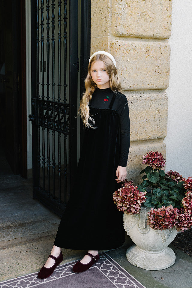 maxi dress cherry mockneck with attached velour jumper - black