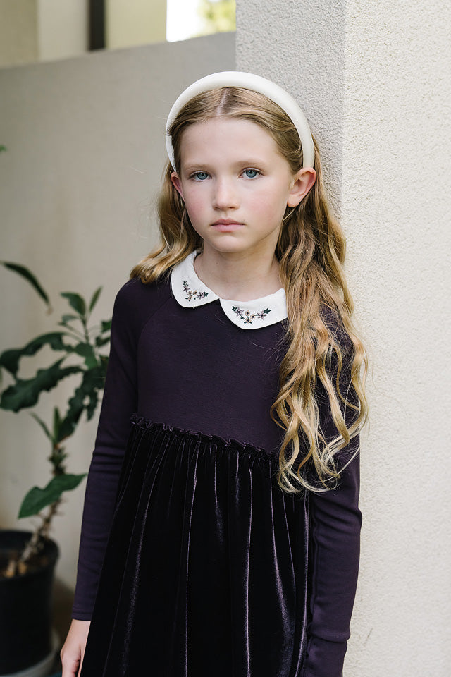 maxi dress embroidered collar velour short length - eggplant