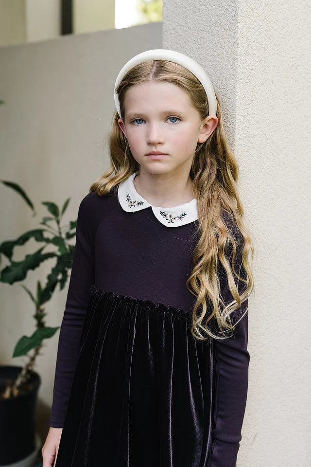 maxi dress embroidered collar velour - eggplant