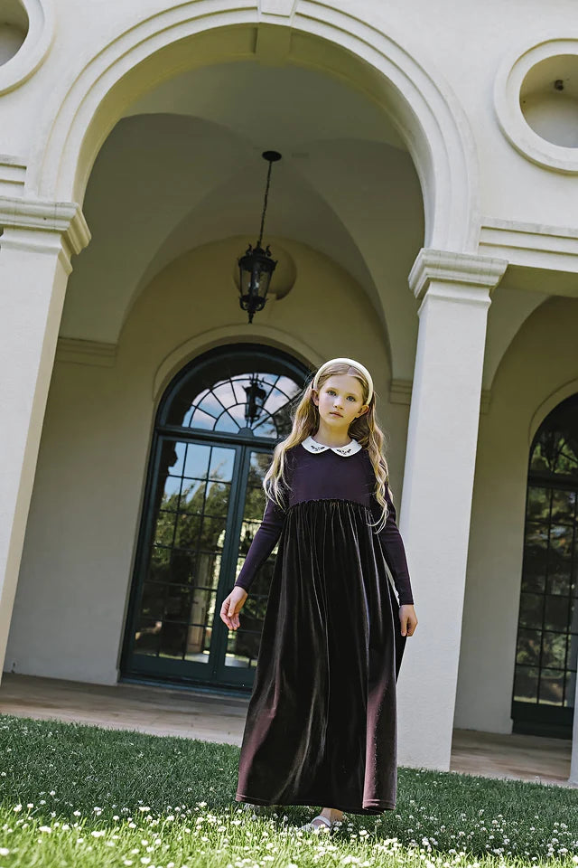 maxi dress embroidered collar velour - eggplant