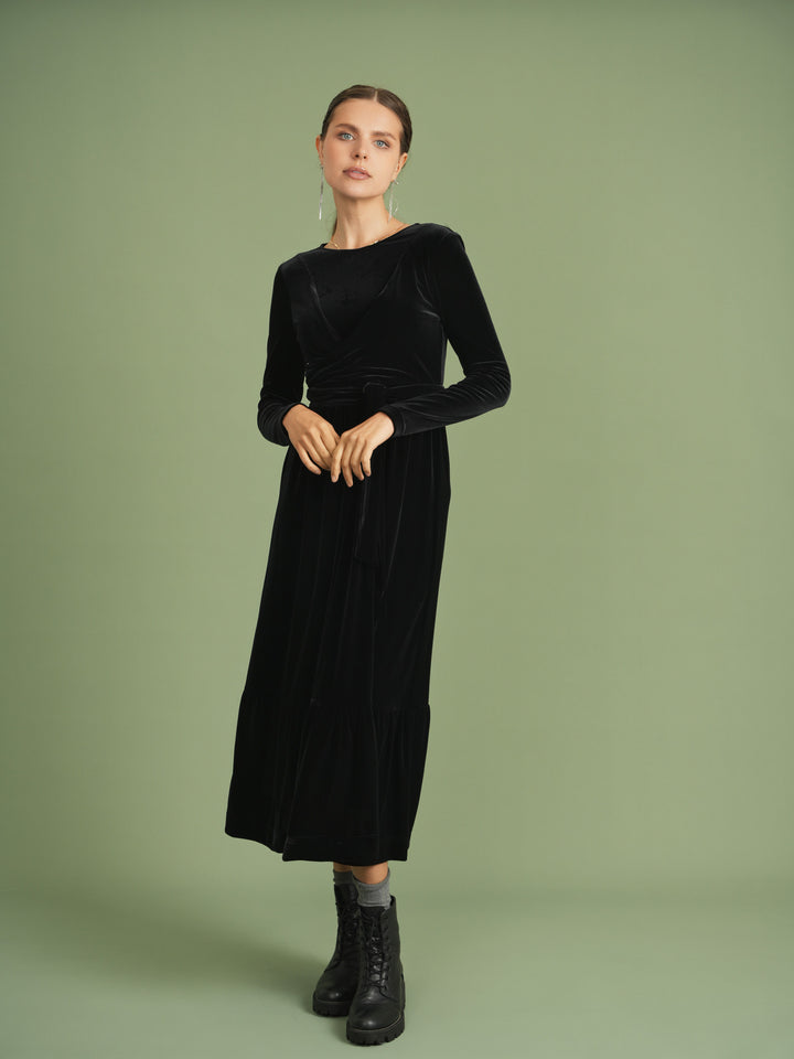 maxi dress velour wrap - black