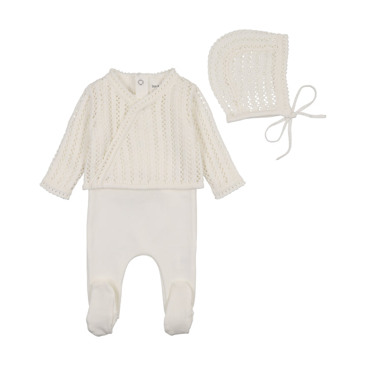 set footie dainty knit sweater with bonnet and blanket - chalk white