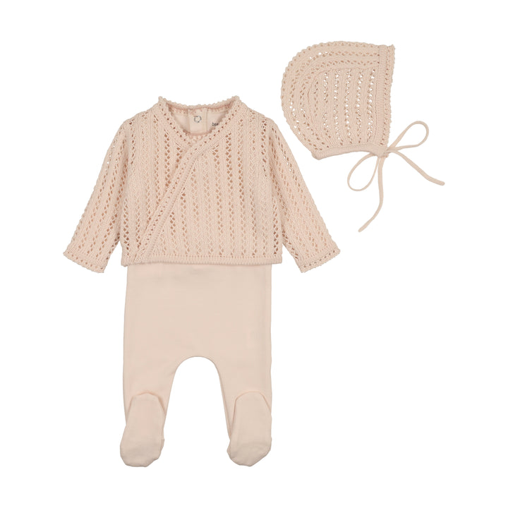 set footie dainty knit sweater with bonnet and blanket - champagne pink