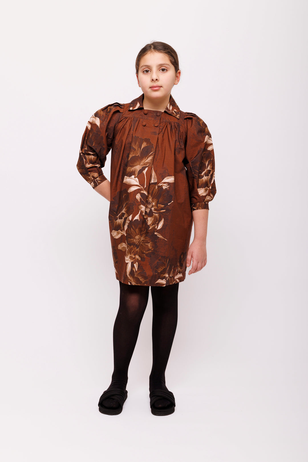 dress floral print double breasted shirt style - brown floral-125