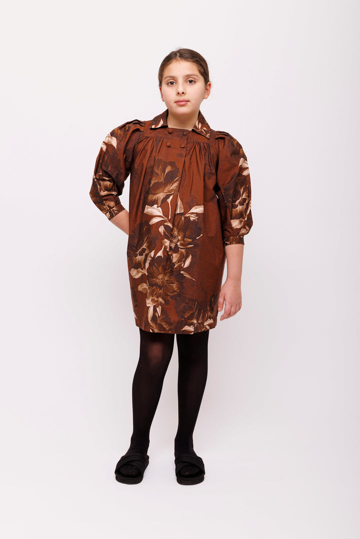 dress floral print double breasted shirt style - brown floral-125