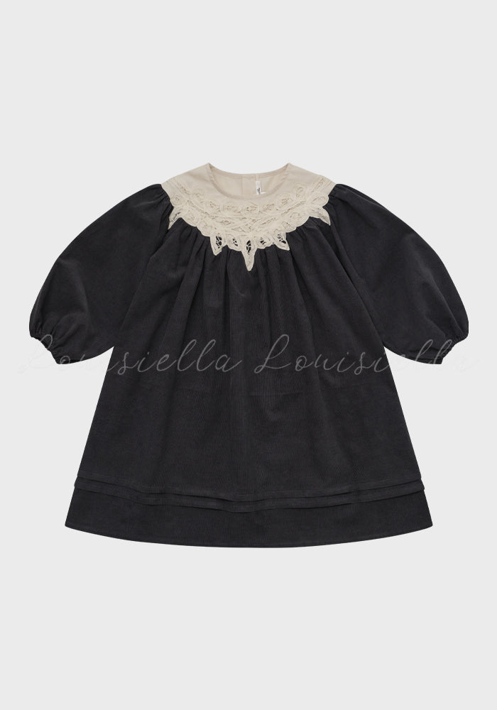 dress corduroy with lace yoke - charcoal