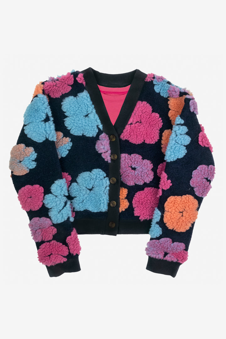 top l/s knit sherpa flowers cardigan - multi floral