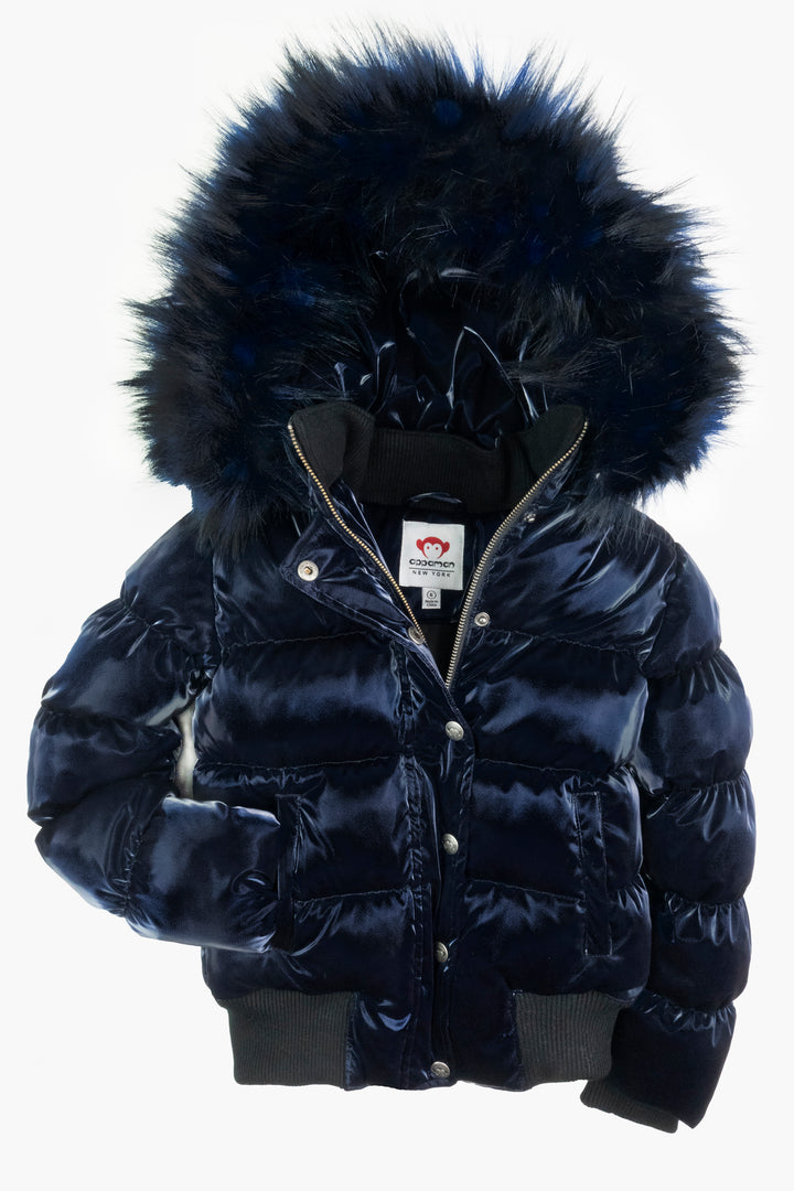 coat puffer shiny with fur - navy shine