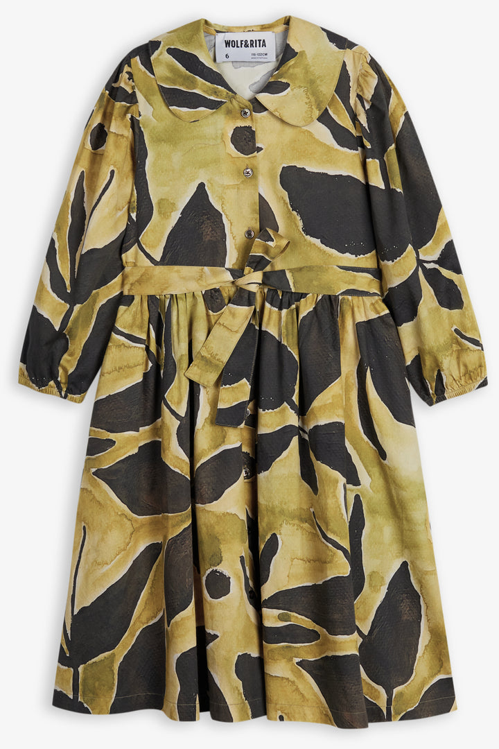 dress printed leaf shirt style with waist belt and collar - tulpan