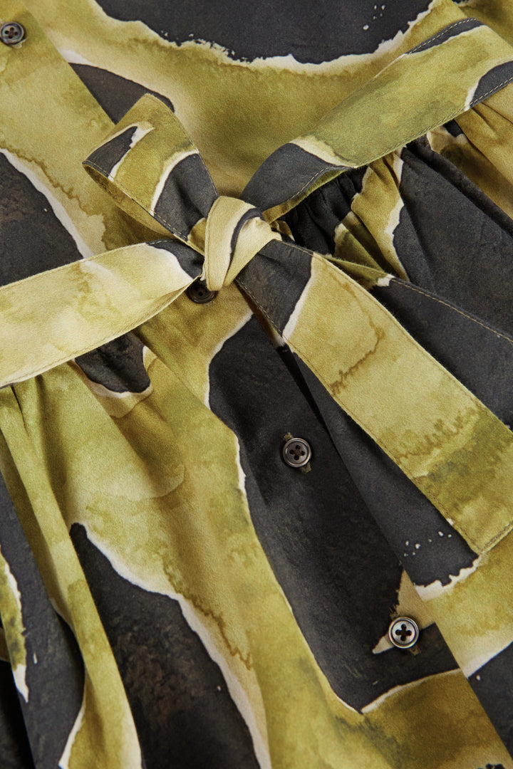 dress printed leaf shirt style with waist belt and collar - tulpan