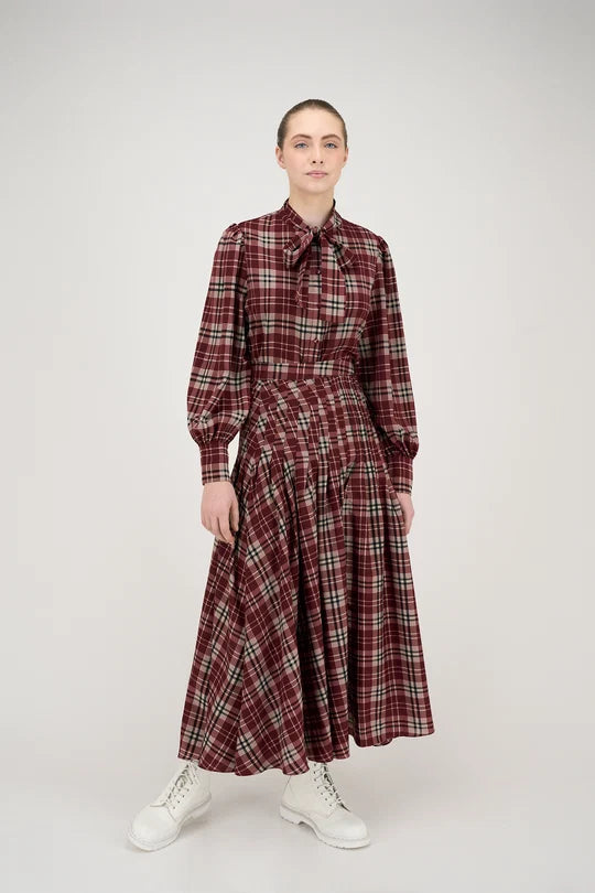 shirt l/s plaid button down with neck bow - wine