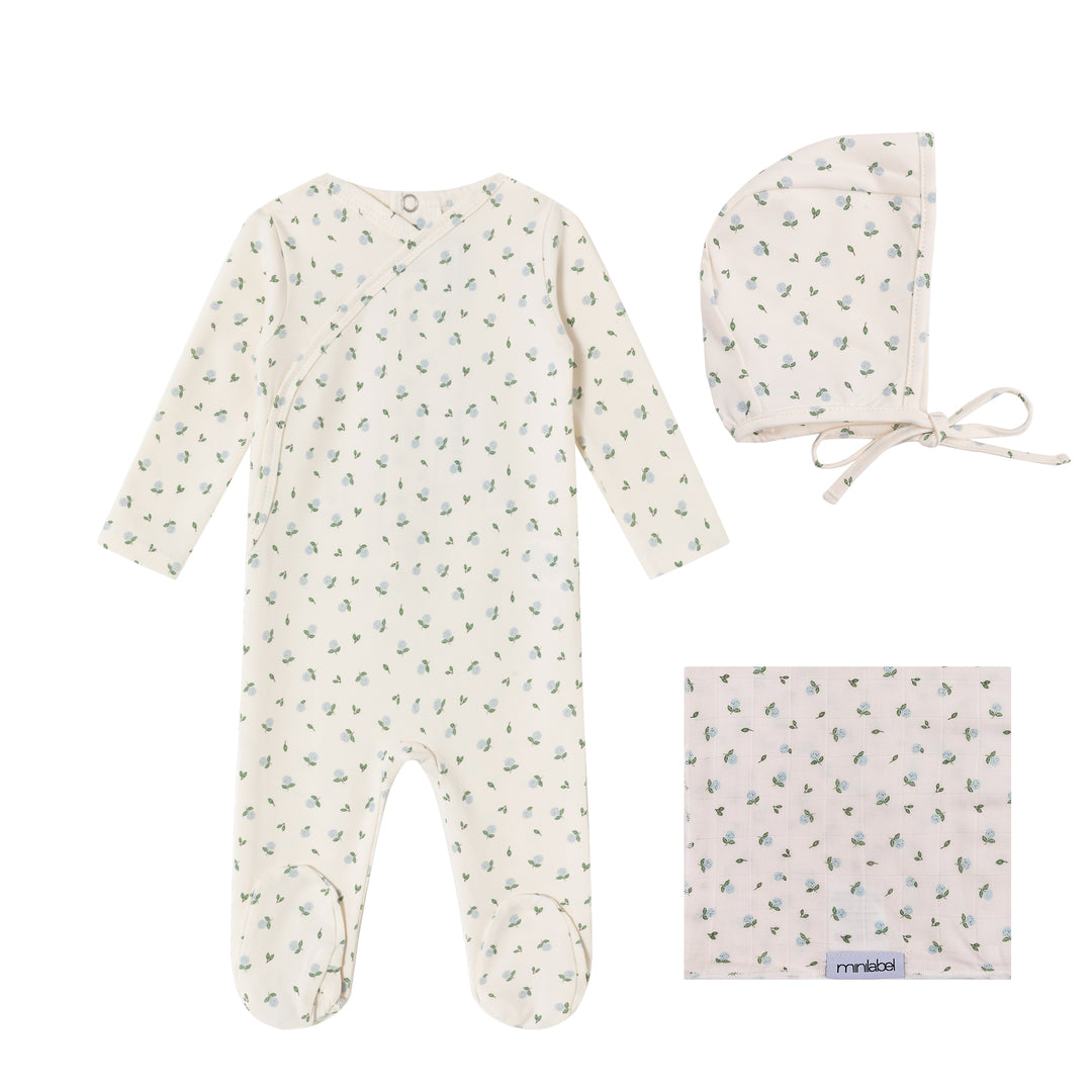 set footie hydrangea print with bonnet and swaddle - cream