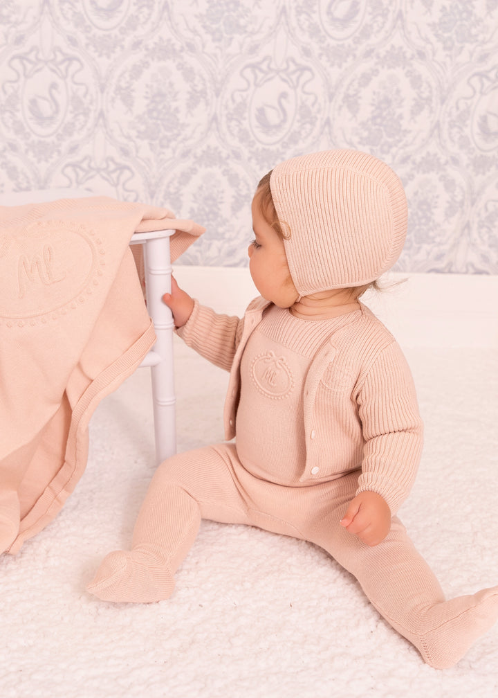set knit footie embossed emblem with cardigan bonnet and blanket - pink