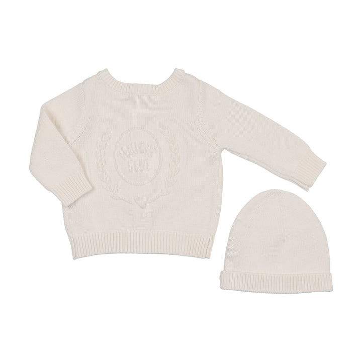 set embossed reversible cardigan and beanie - cream