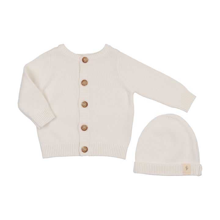 set embossed reversible cardigan and beanie - cream