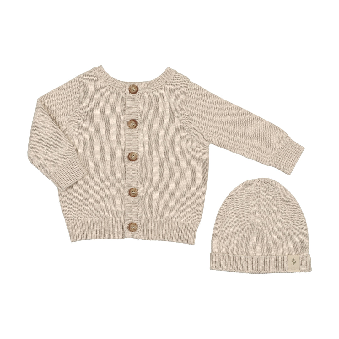 set embossed reversible cardigan and beanie - stone