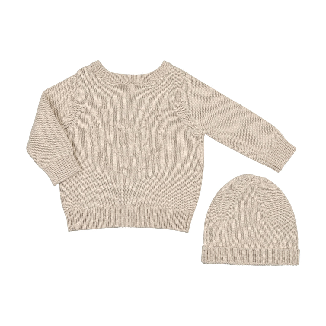 set embossed reversible cardigan and beanie - stone