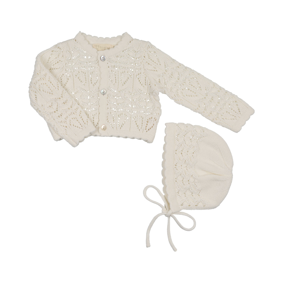 top l/s cardigan eyelet knit with bonnet - cream