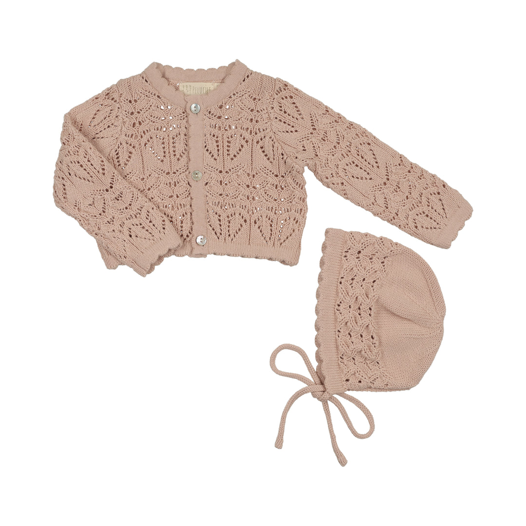 top l/s knit cardigan eyelet with bonnet - rose