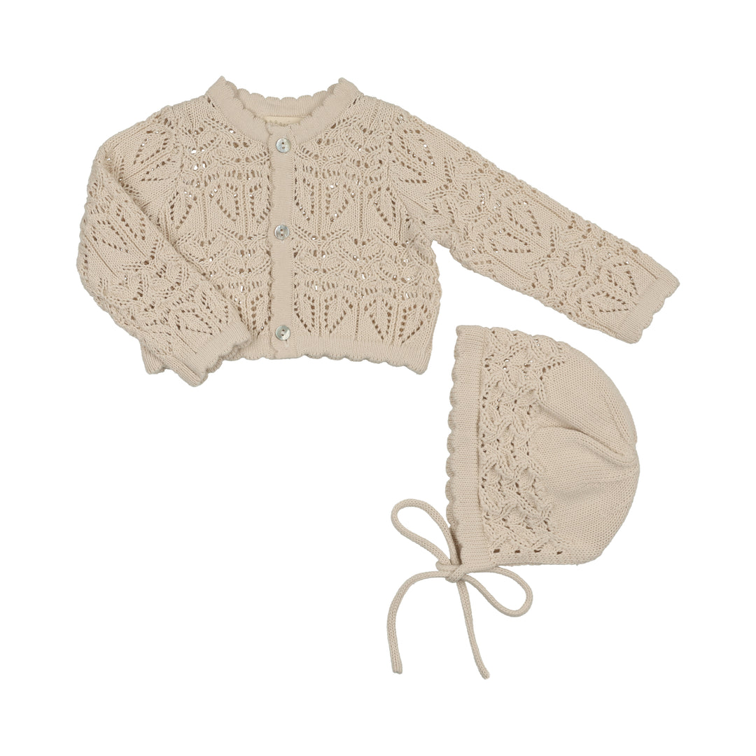 top l/s cardigan eyelet knit with bonnet - stone