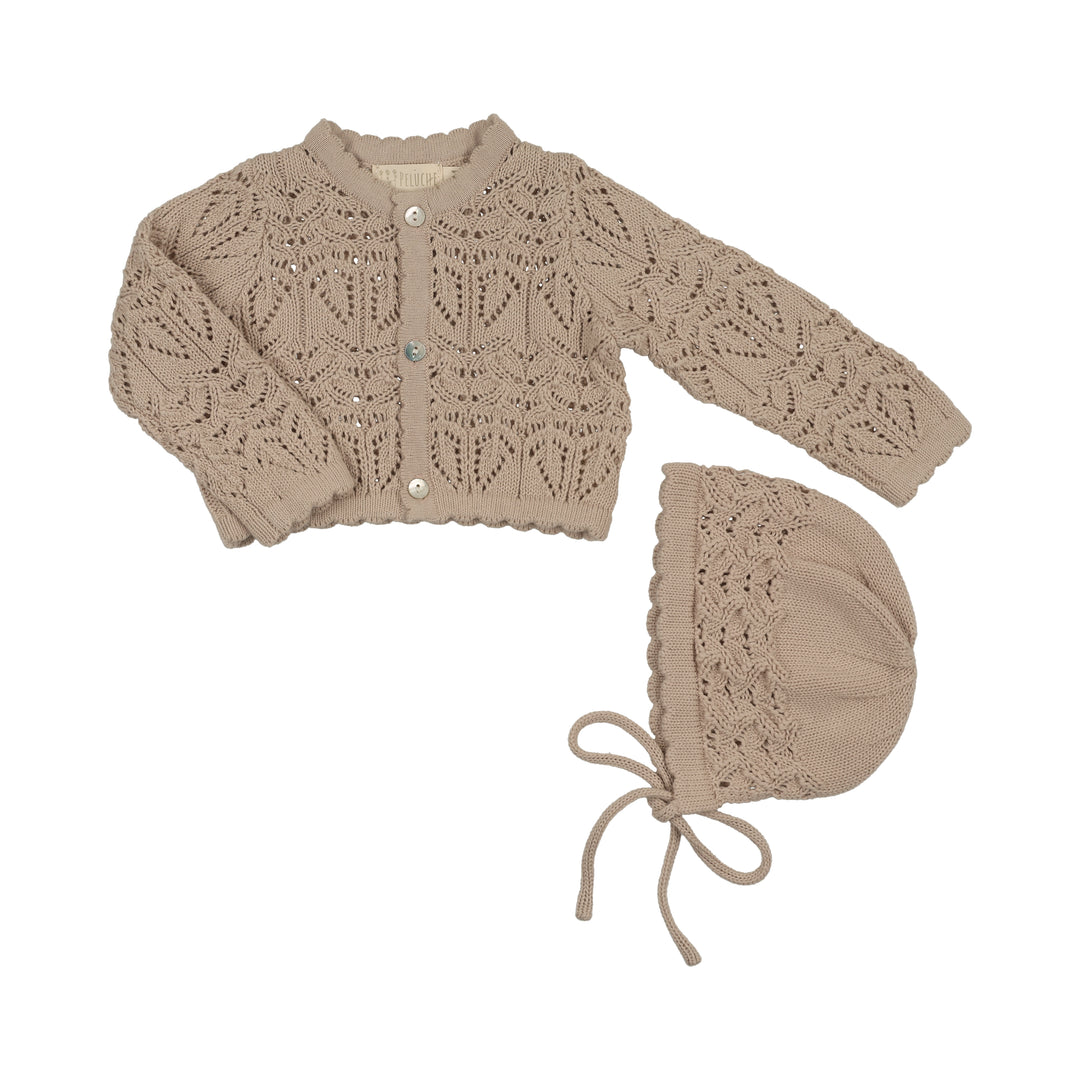 top l/s cardigan eyelet knit with bonnet - taupe