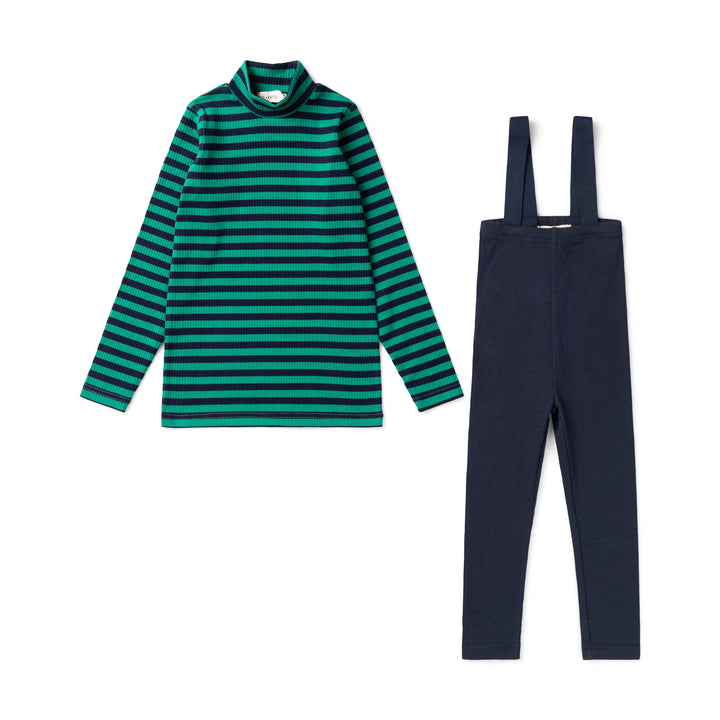 set outfit striped top mockneck and suspender legging - navy/green