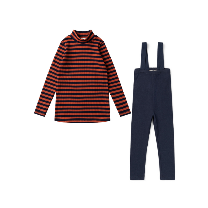 set outfit striped top mockneck and suspender legging - navy/rust