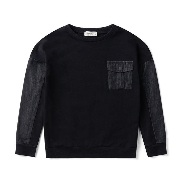 top l/s denim pocket sweat - black