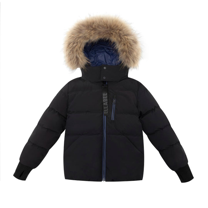 coat down blue accent zipper with fur hood - black/blue