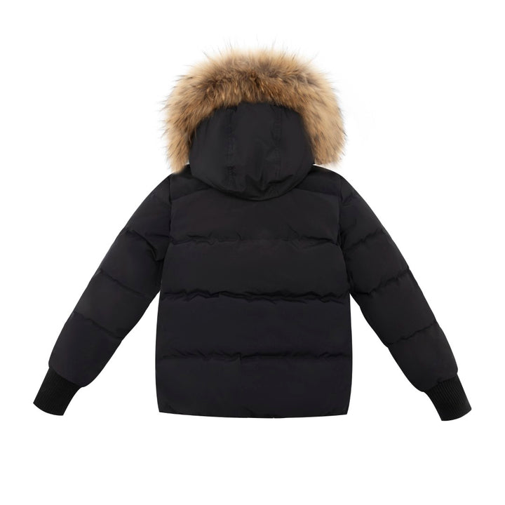 coat down blue accent zipper with fur hood - black/blue