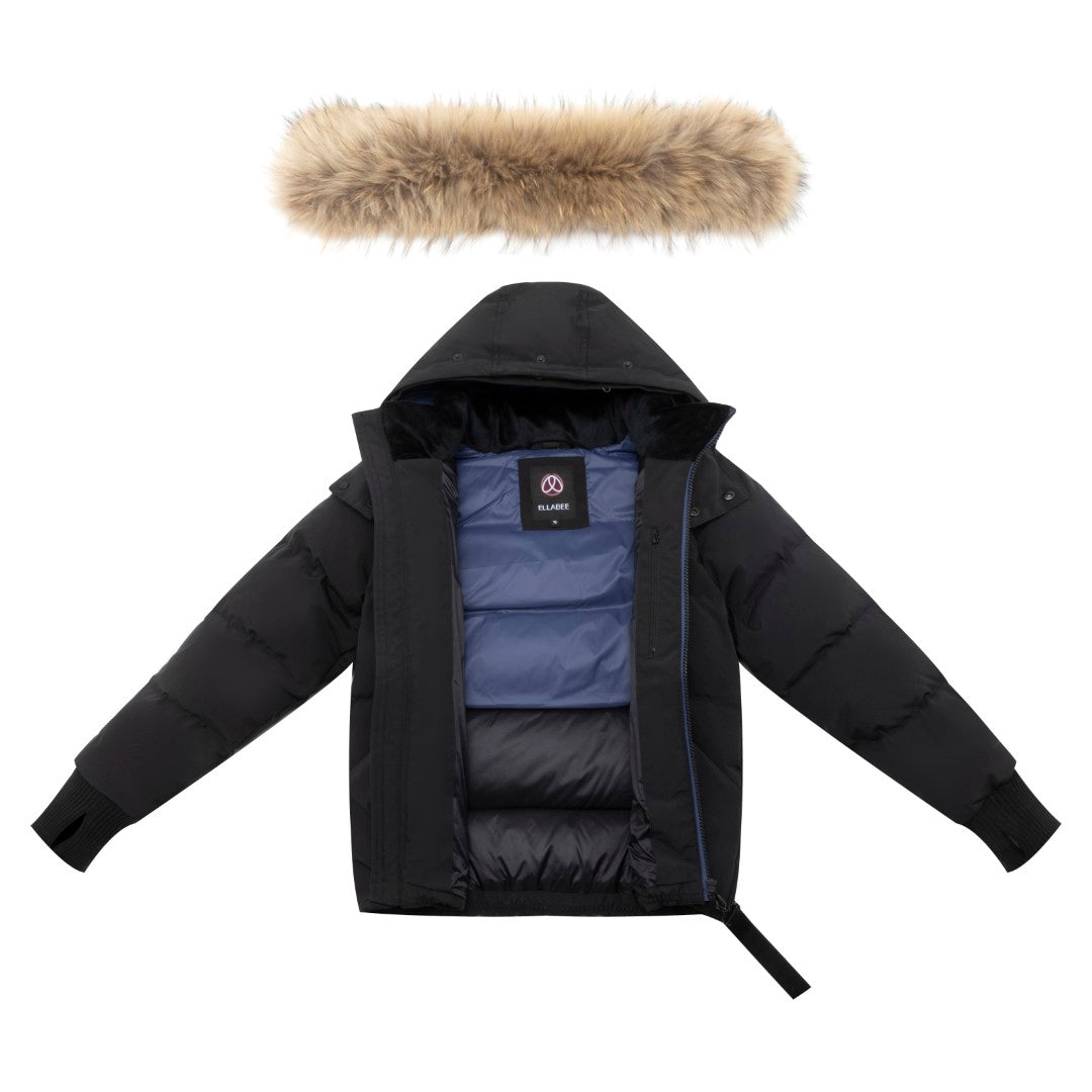 coat down blue accent zipper with fur hood - black/blue