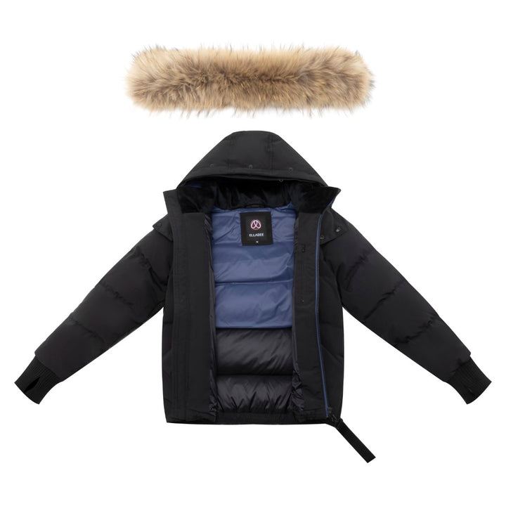 coat down blue accent zipper with fur hood - black/blue