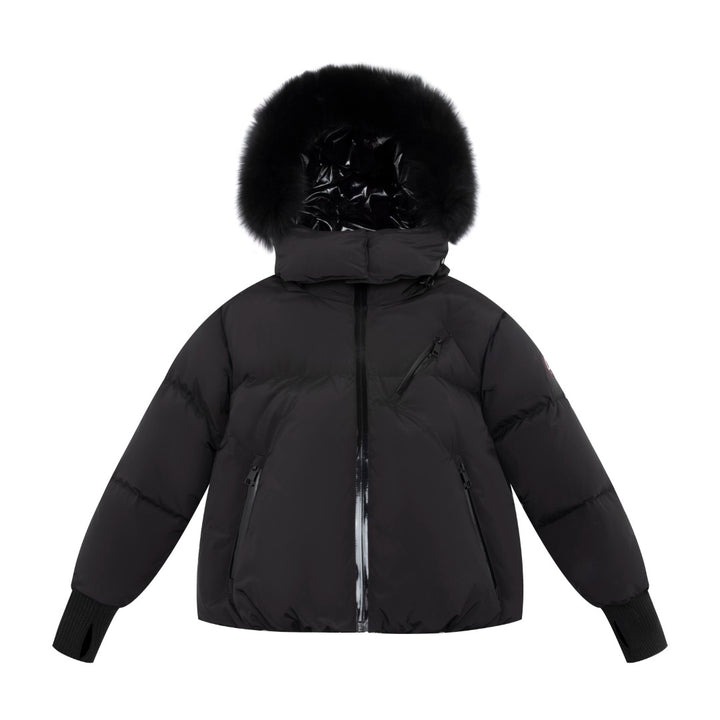 coat down drawstring with fur hood - black