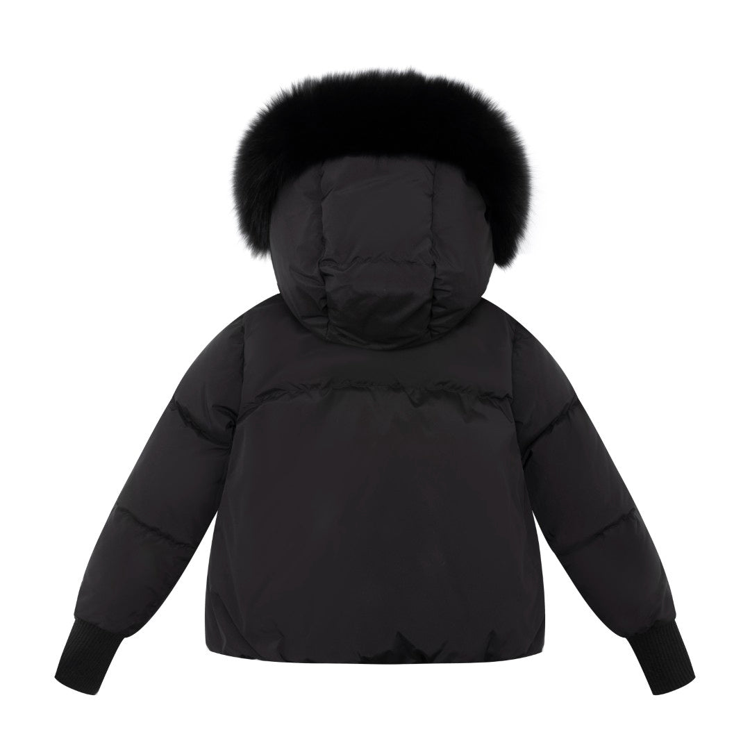 coat down drawstring with fur hood - black