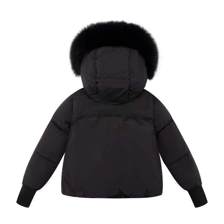 coat down drawstring with fur hood - black