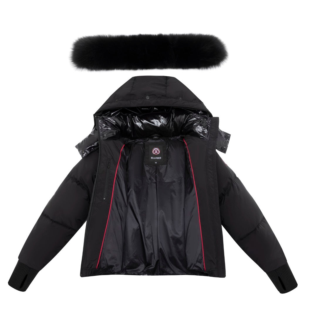 coat down drawstring with fur hood - black