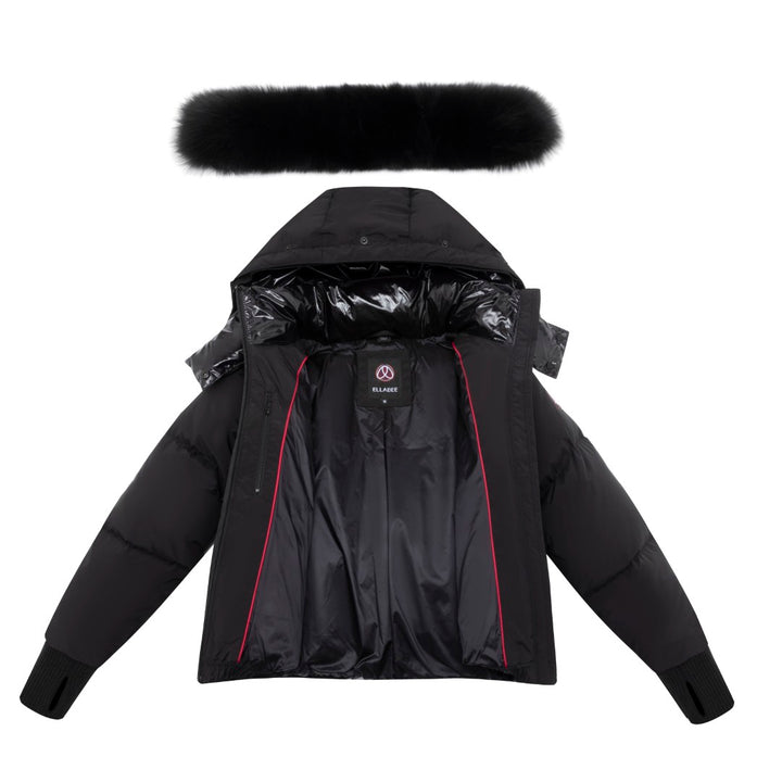 coat down drawstring with fur hood - black