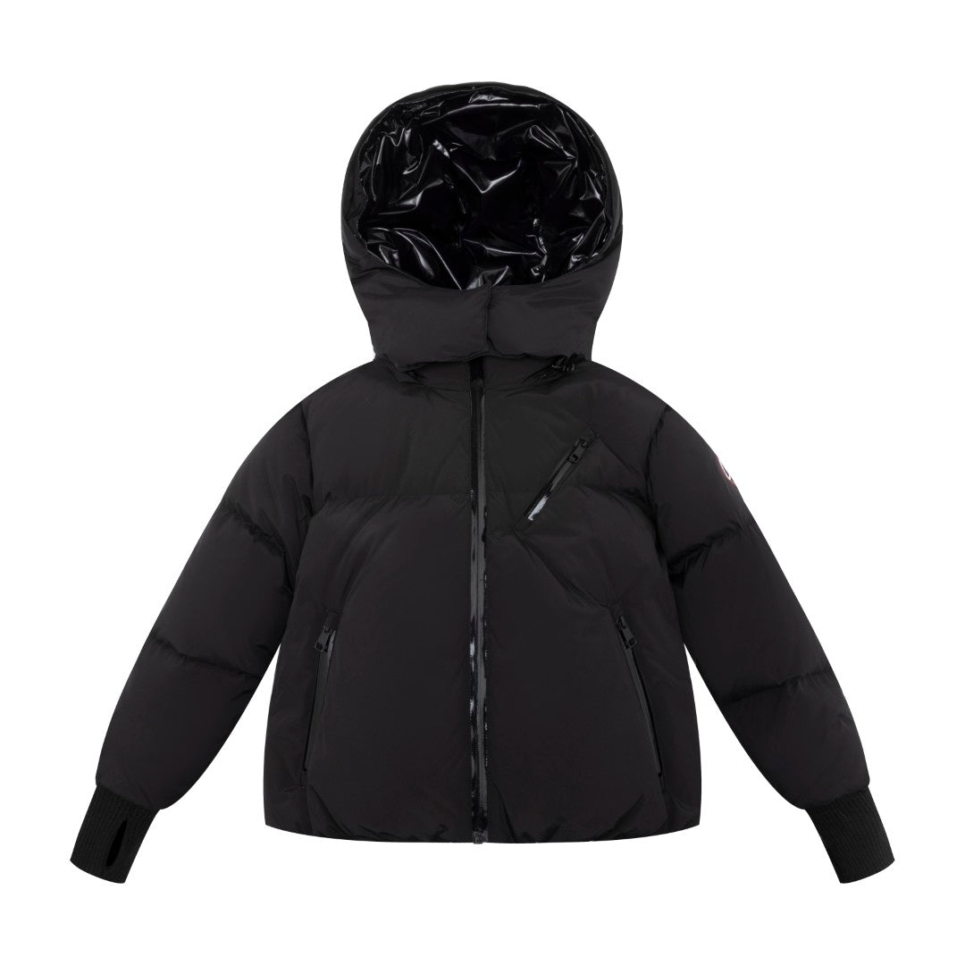 coat down drawstring with fur hood - black