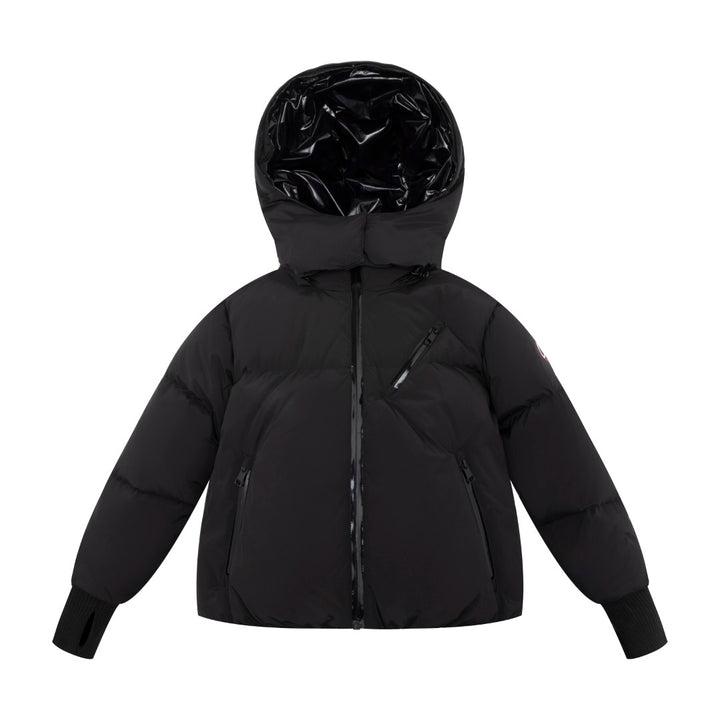 coat down drawstring with fur hood - black