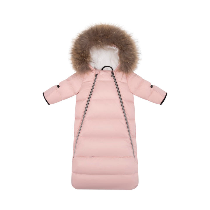 snowsuit padded double zip up with fur hood - pink