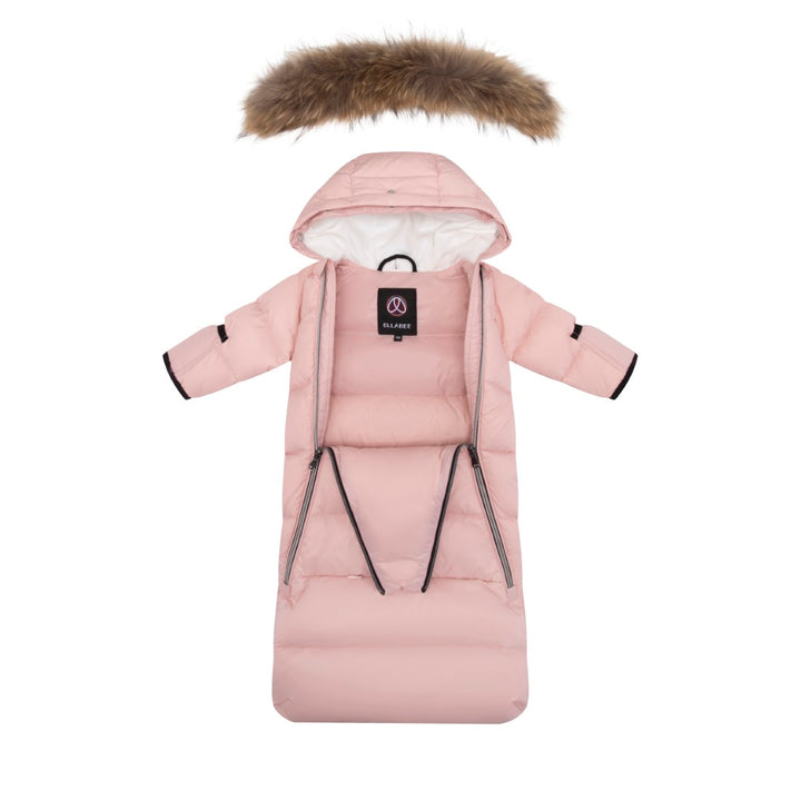 snowsuit padded double zip up with fur hood - pink
