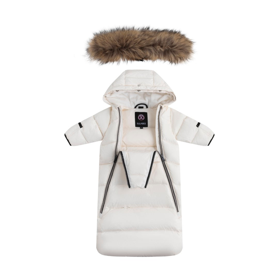 snowsuit padded double zip up with fur hood - off white