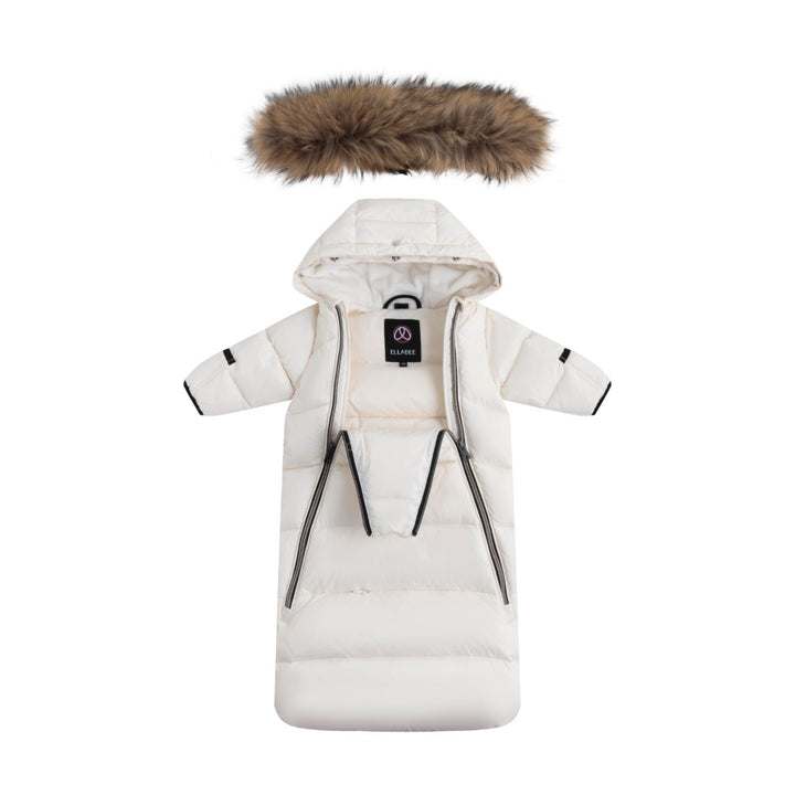 snowsuit padded double zip up with fur hood - off white