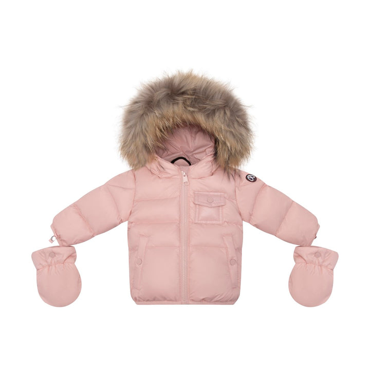 coat padded pockets with fur hood and detachable mittens - baby pink