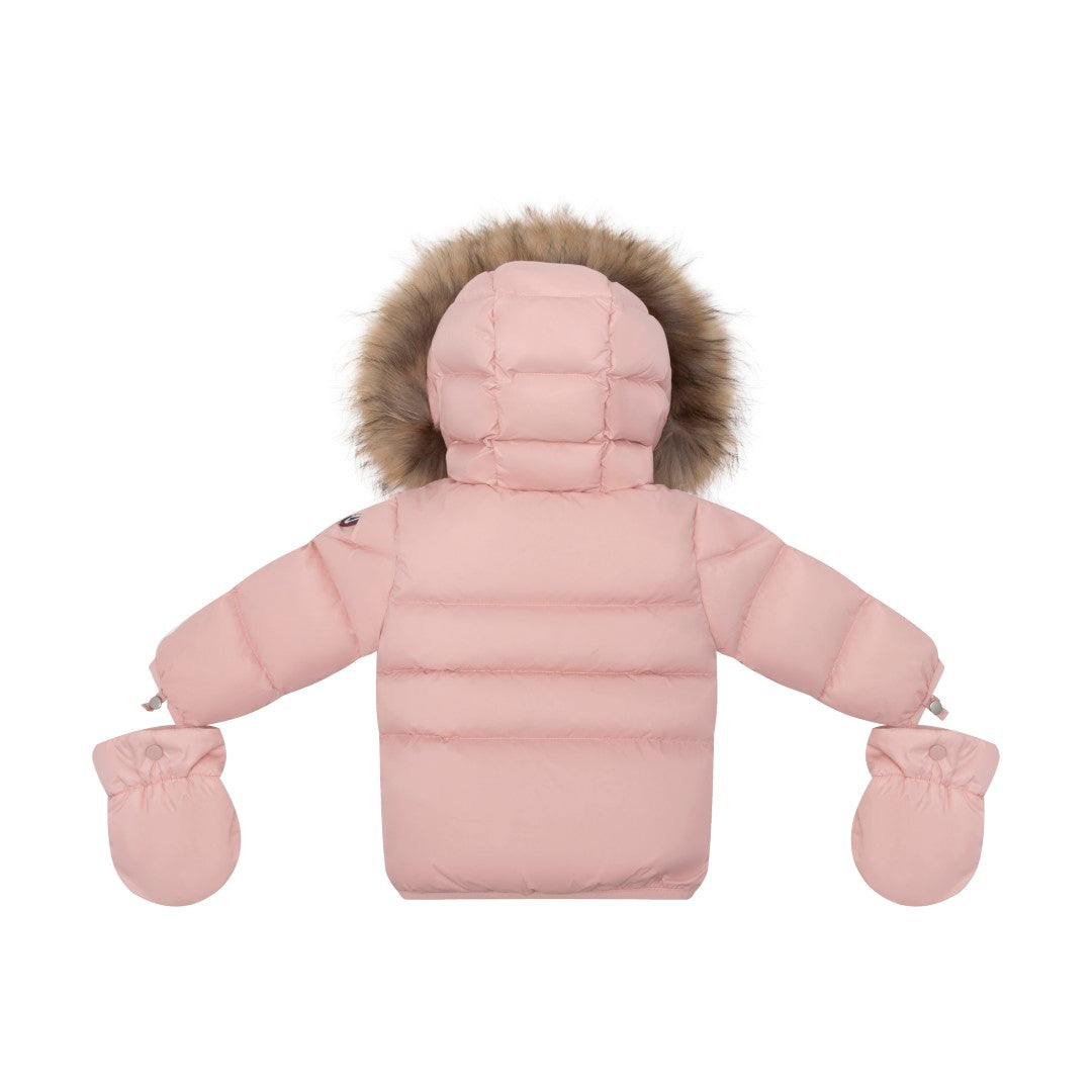 coat padded pockets with fur hood and detachable mittens - baby pink