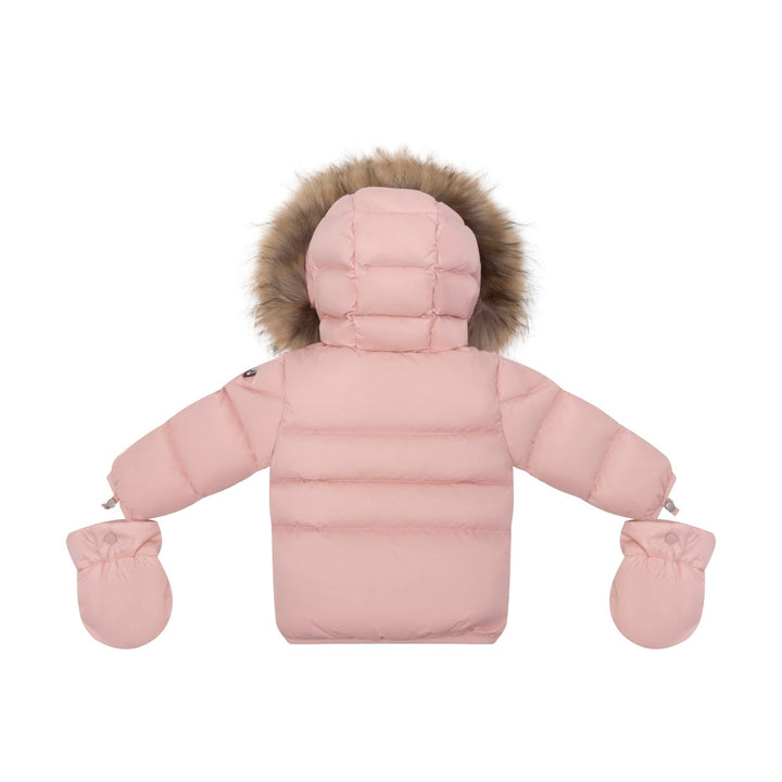 coat padded pockets with fur hood and detachable mittens - baby pink