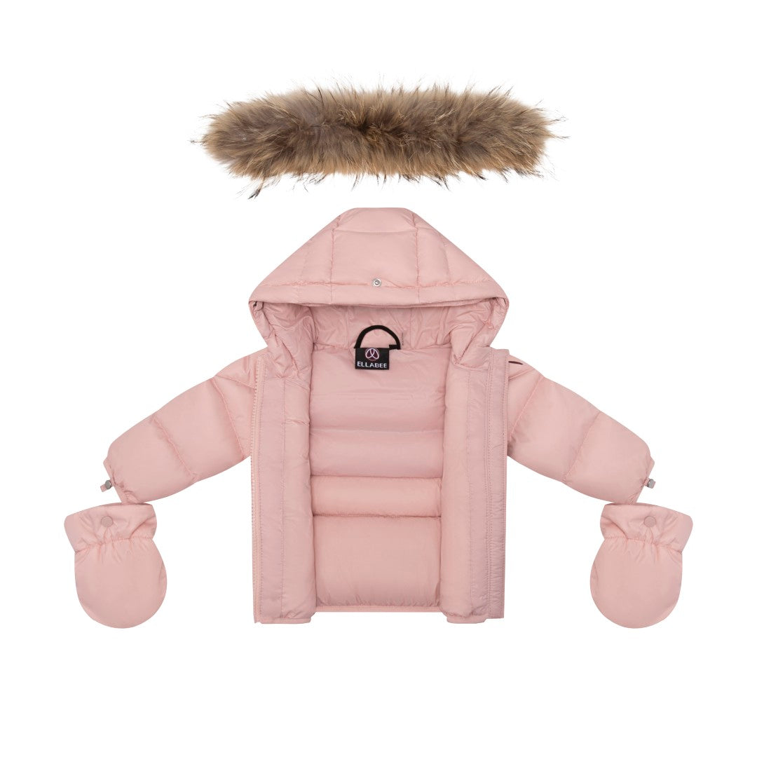 coat padded pockets with fur hood and detachable mittens - baby pink