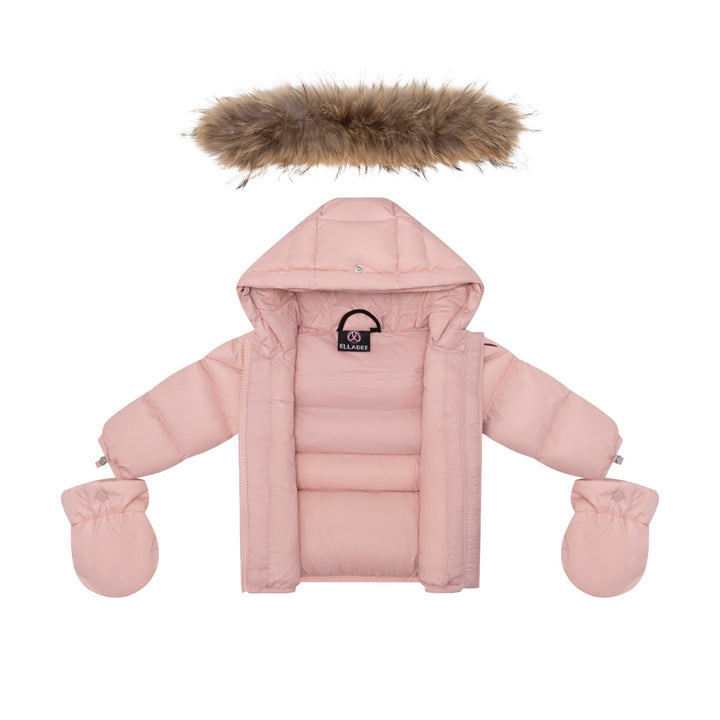 coat padded pockets with fur hood and detachable mittens - baby pink